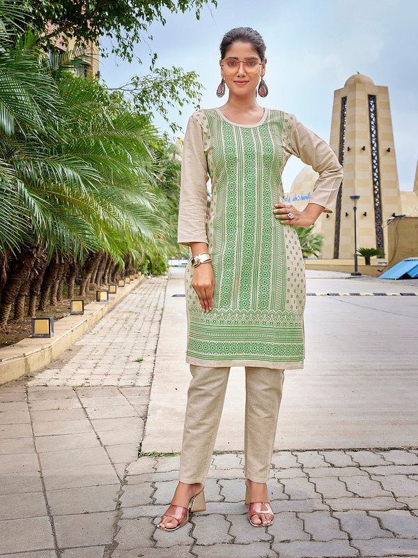 Malishka Women's Khadi Cotton Printed Straight Kurta Pant Set - Beige & Green - Distacart
