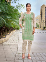 Thumbnail for Malishka Women's Khadi Cotton Printed Straight Kurta Pant Set - Beige & Green - Distacart