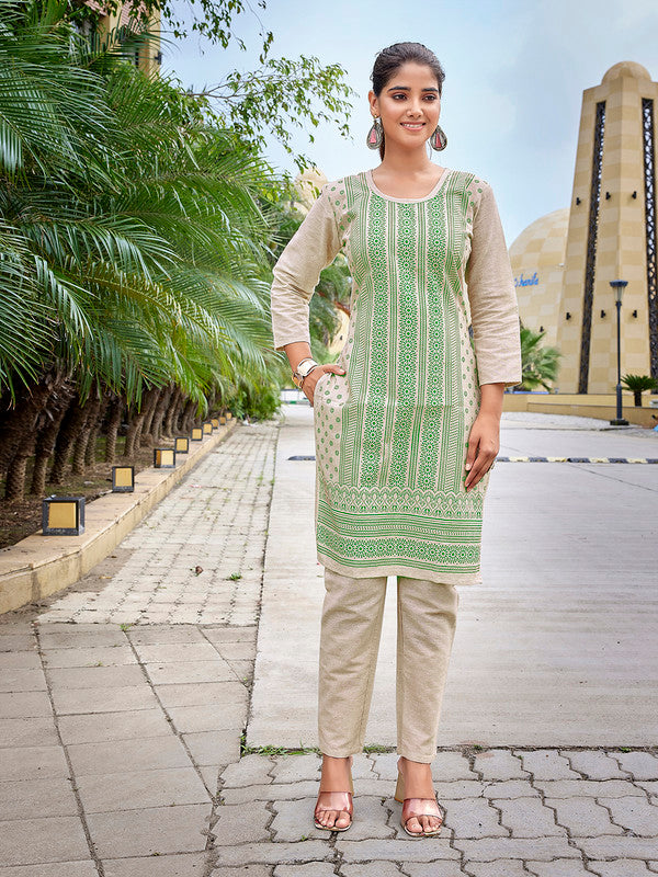 Malishka Women's Khadi Cotton Printed Straight Kurta Pant Set - Beige & Green - Distacart