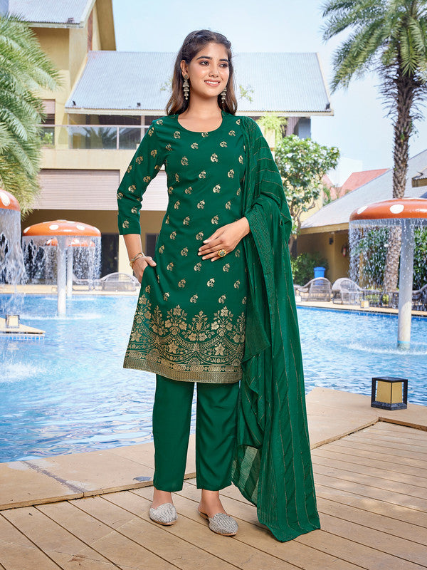Malishka Women's Crepe Foil Printed Straight Kurta Pant With Dupatta - Bottle Green - Distacart