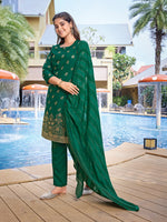 Thumbnail for Malishka Women's Crepe Foil Printed Straight Kurta Pant With Dupatta - Bottle Green - Distacart
