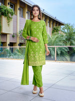 Thumbnail for Malishka Women's Crepe Foil Printed Straight Kurta Pant With Dupatta - Green - Distacart