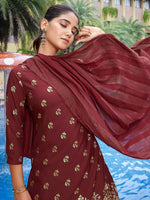 Thumbnail for Malishka Women's Crepe Foil Printed Straight Kurta Pant With Dupatta - Maroon - Distacart