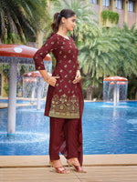Thumbnail for Malishka Women's Crepe Foil Printed Straight Kurta Pant With Dupatta - Maroon - Distacart