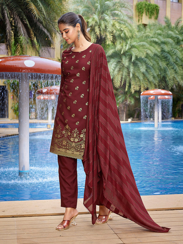 Malishka Women's Crepe Foil Printed Straight Kurta Pant With Dupatta - Maroon - Distacart
