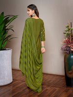 Thumbnail for Malishka Women's Crepe Foil Printed Straight Kurta Pant With Dupatta - Mehndi Green - Distacart