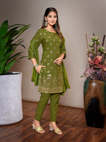 Thumbnail for Malishka Women's Crepe Foil Printed Straight Kurta Pant With Dupatta - Mehndi Green - Distacart