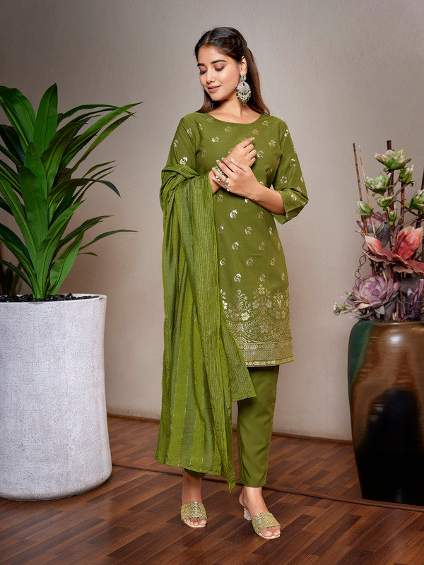 Malishka Women's Crepe Foil Printed Straight Kurta Pant With Dupatta - Mehndi Green - Distacart