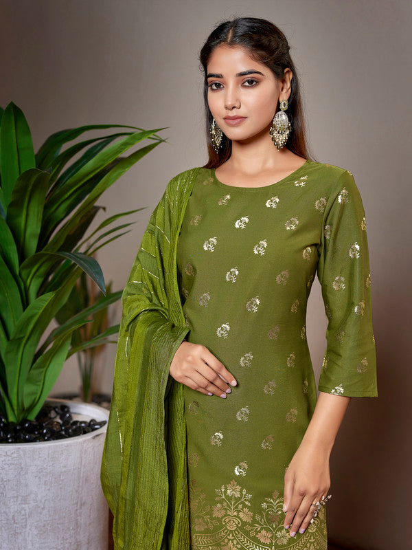 Malishka Women's Crepe Foil Printed Straight Kurta Pant With Dupatta - Mehndi Green - Distacart