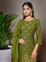 Thumbnail for Malishka Women's Crepe Foil Printed Straight Kurta Pant With Dupatta - Mehndi Green - Distacart
