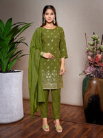 Thumbnail for Malishka Women's Crepe Foil Printed Straight Kurta Pant With Dupatta - Mehndi Green - Distacart