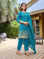 Thumbnail for Malishka Women's Crepe Foil Printed Straight Kurta Pant With Dupatta - Turquoise Blue - Distacart