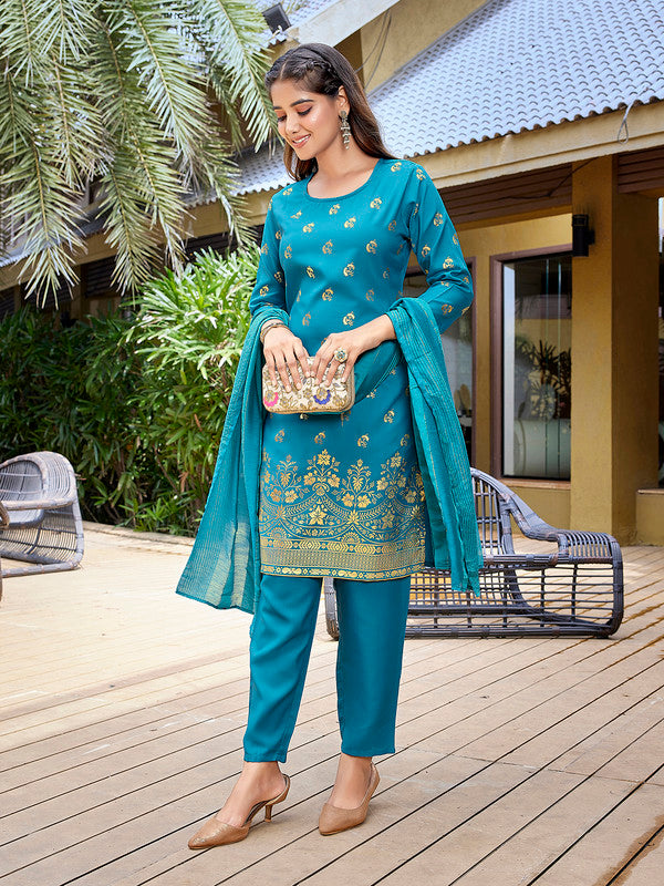 Malishka Women's Crepe Foil Printed Straight Kurta Pant With Dupatta - Turquoise Blue - Distacart
