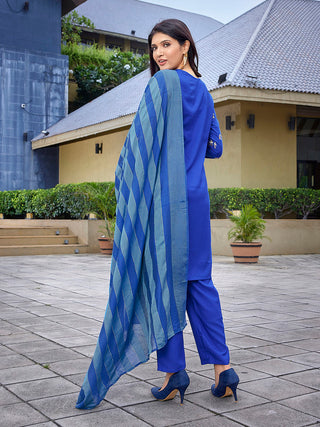 Malishka Women's Crepe Foil Printed Straight Kurta Pant With Dupatta - Royal Blue - Distacart
