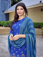 Thumbnail for Malishka Women's Crepe Foil Printed Straight Kurta Pant With Dupatta - Royal Blue - Distacart