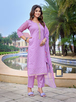 Thumbnail for Malishka Women's Chanderi Woven Straight Kurta Pant With Dupatta - Purple - Distacart