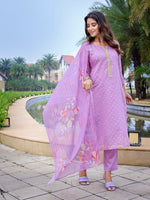 Thumbnail for Malishka Women's Chanderi Woven Straight Kurta Pant With Dupatta - Purple - Distacart