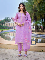 Thumbnail for Malishka Women's Chanderi Woven Straight Kurta Pant With Dupatta - Purple - Distacart