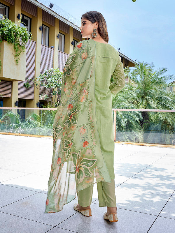 Malishka Women's Chanderi Woven Straight Kurta Pant With Dupatta - Mehndi Green - Distacart