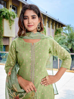 Thumbnail for Malishka Women's Chanderi Woven Straight Kurta Pant With Dupatta - Mehndi Green - Distacart