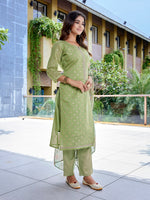 Thumbnail for Malishka Women's Chanderi Woven Straight Kurta Pant With Dupatta - Mehndi Green - Distacart