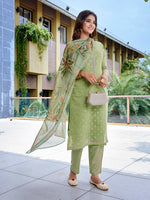 Thumbnail for Malishka Women's Chanderi Woven Straight Kurta Pant With Dupatta - Mehndi Green - Distacart