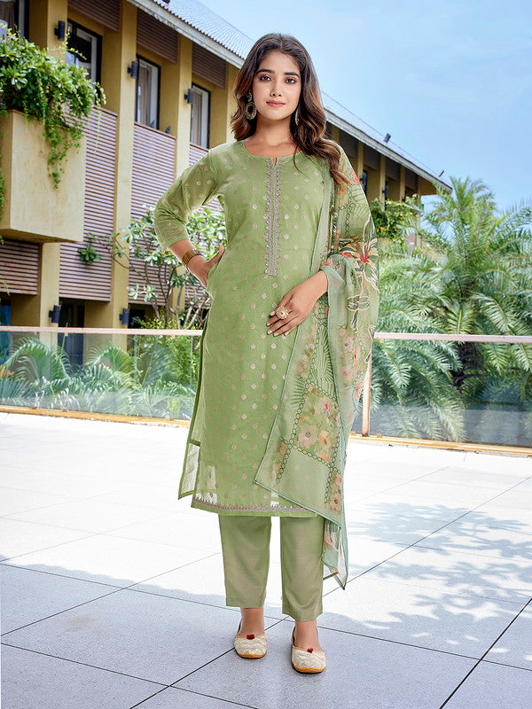 Malishka Women's Chanderi Woven Straight Kurta Pant With Dupatta - Mehndi Green - Distacart