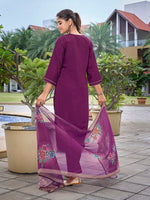 Thumbnail for Malishka Women's Viscose Chanderi Embroidered Straight Kurta Pant With Dupatta - Purple - Distacart