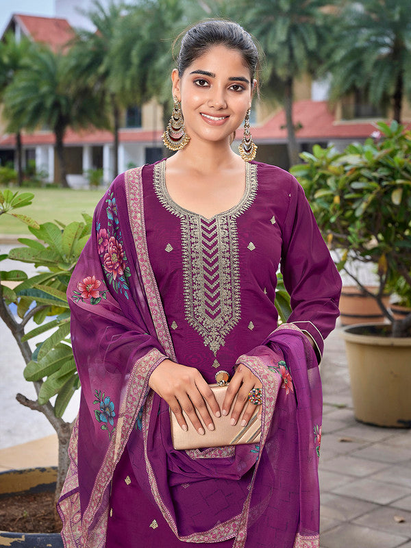 Malishka Women's Viscose Chanderi Embroidered Straight Kurta Pant With Dupatta - Purple - Distacart