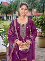 Thumbnail for Malishka Women's Viscose Chanderi Embroidered Straight Kurta Pant With Dupatta - Purple - Distacart