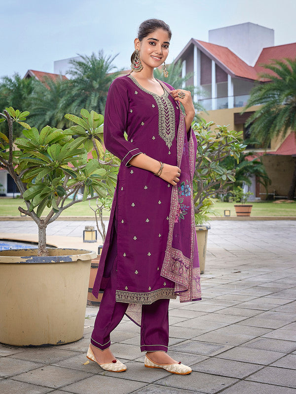 Malishka Women's Viscose Chanderi Embroidered Straight Kurta Pant With Dupatta - Purple - Distacart