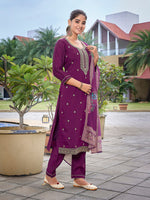 Thumbnail for Malishka Women's Viscose Chanderi Embroidered Straight Kurta Pant With Dupatta - Purple - Distacart