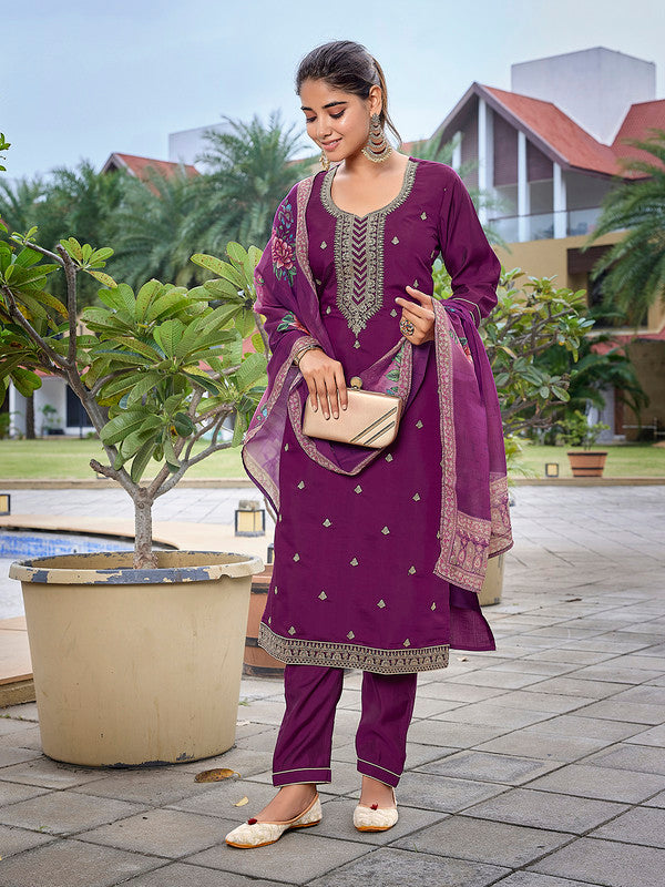 Malishka Women's Viscose Chanderi Embroidered Straight Kurta Pant With Dupatta - Purple - Distacart