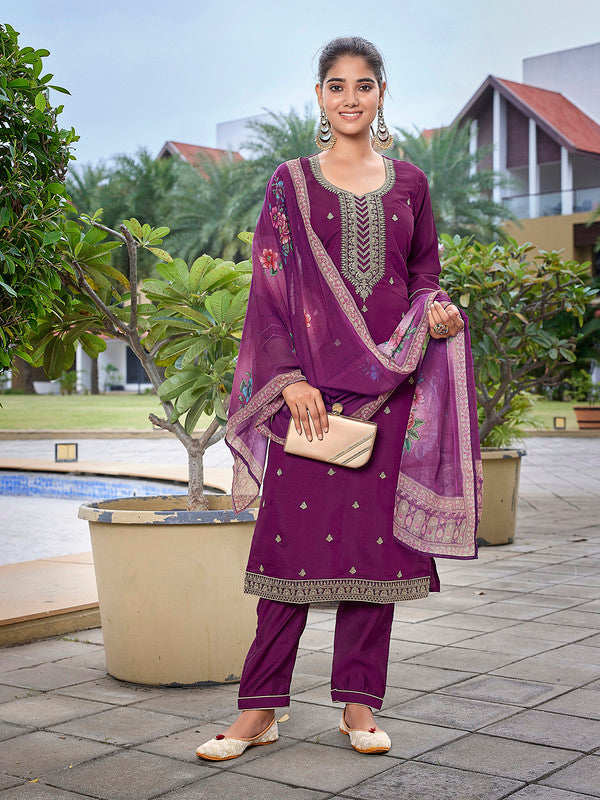 Malishka Women's Viscose Chanderi Embroidered Straight Kurta Pant With Dupatta - Purple - Distacart