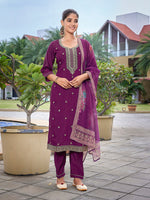 Thumbnail for Malishka Women's Viscose Chanderi Embroidered Straight Kurta Pant With Dupatta - Purple - Distacart
