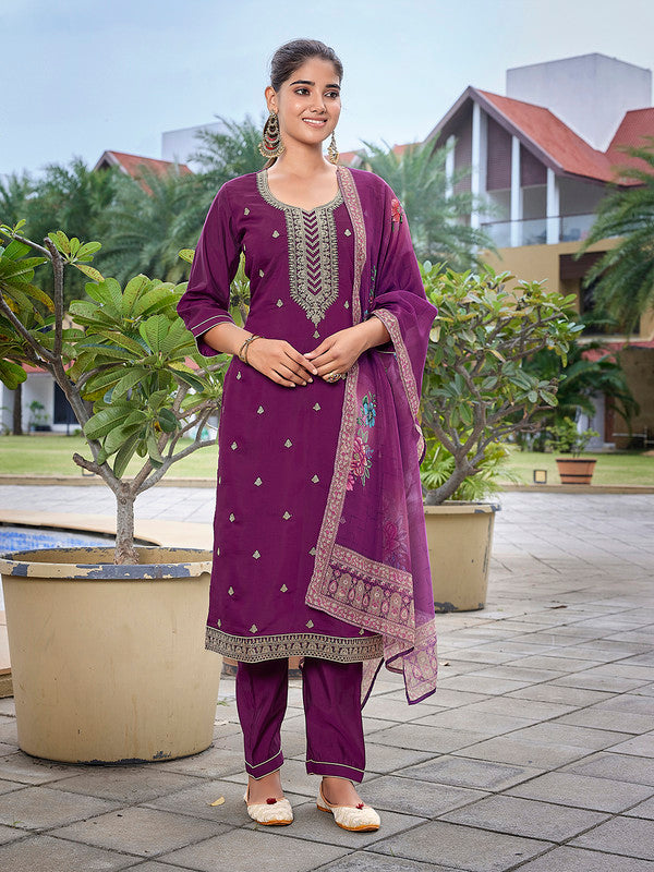 Malishka Women's Viscose Chanderi Embroidered Straight Kurta Pant With Dupatta - Purple - Distacart