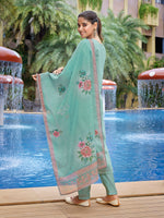 Thumbnail for Malishka Women's Viscose Chanderi Embroidered Straight Kurta Pant With Dupatta - Sea Green - Distacart