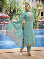 Thumbnail for Malishka Women's Viscose Chanderi Embroidered Straight Kurta Pant With Dupatta - Sea Green - Distacart