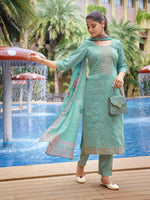 Thumbnail for Malishka Women's Viscose Chanderi Embroidered Straight Kurta Pant With Dupatta - Sea Green - Distacart