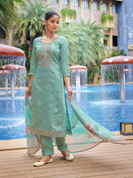 Thumbnail for Malishka Women's Viscose Chanderi Embroidered Straight Kurta Pant With Dupatta - Sea Green - Distacart