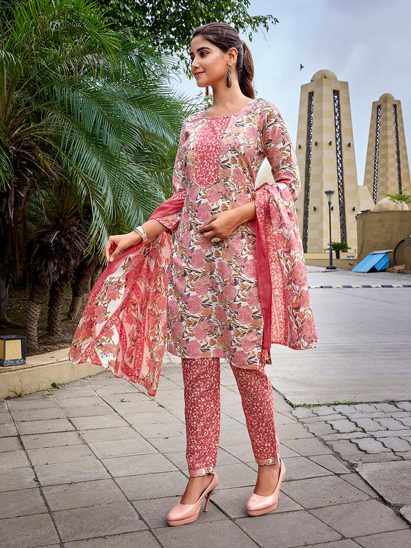 Malishka Women's Cotton Blend Printed Straight Kurta Pant With Dupatta - White & Pink - Distacart