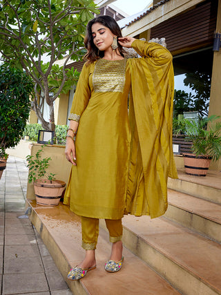 Malishka Women's Silk Blend Solid Straight Kurta Pant With Dupatta - Mustard - Distacart