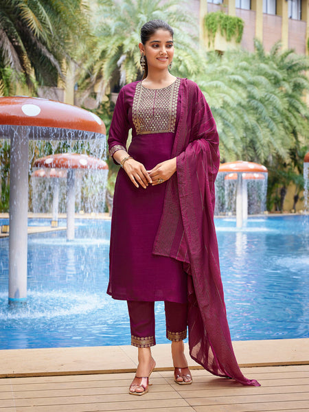 Malishka Women's Silk Blend Solid Straight Kurta Pant With Dupatta - Purple - Distacart