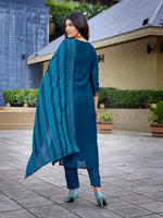Thumbnail for Malishka Women's Silk Blend Solid Straight Kurta Pant With Dupatta - Teal Blue - Distacart