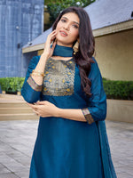 Thumbnail for Malishka Women's Silk Blend Solid Straight Kurta Pant With Dupatta - Teal Blue - Distacart