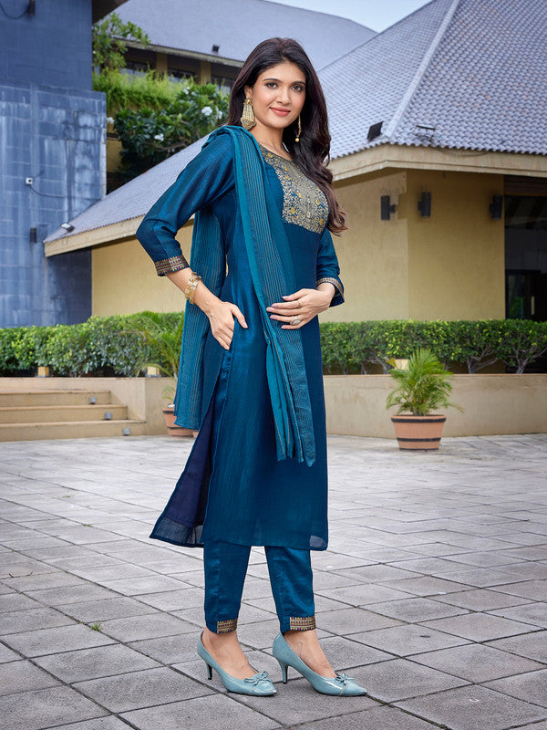Malishka Women's Silk Blend Solid Straight Kurta Pant With Dupatta - Teal Blue - Distacart
