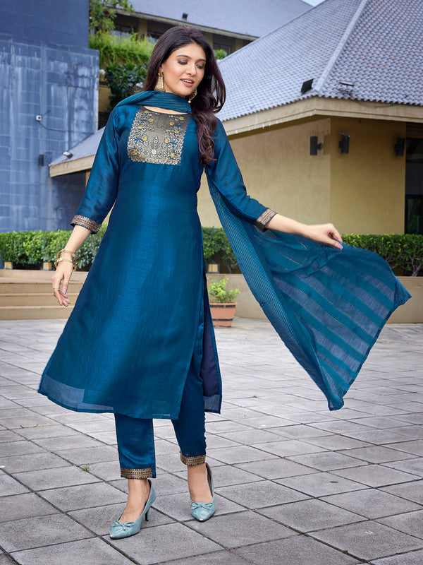 Malishka Women's Silk Blend Solid Straight Kurta Pant With Dupatta - Teal Blue - Distacart