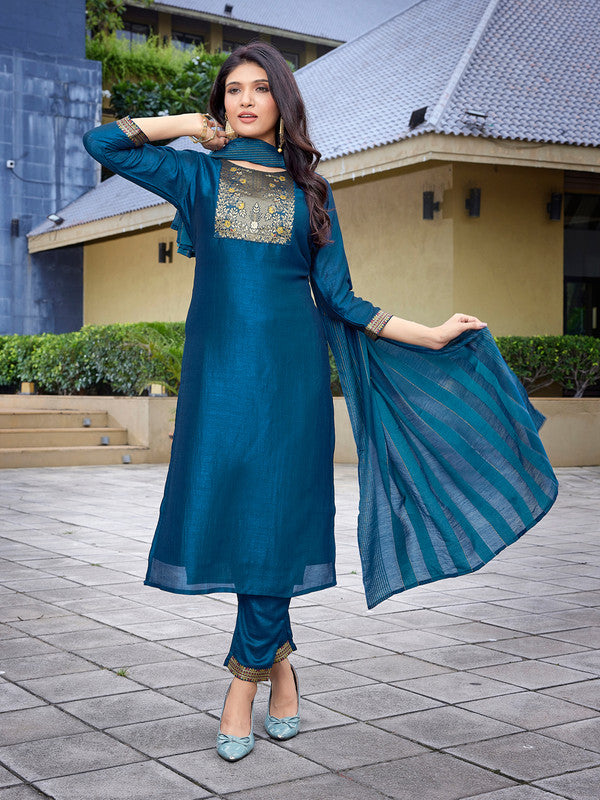 Malishka Women's Silk Blend Solid Straight Kurta Pant With Dupatta - Teal Blue - Distacart