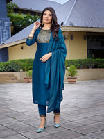 Thumbnail for Malishka Women's Silk Blend Solid Straight Kurta Pant With Dupatta - Teal Blue - Distacart