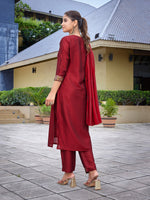 Thumbnail for Malishka Women's Silk Blend Solid Straight Kurta Pant With Dupatta - Red - Distacart